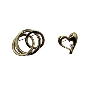 Vintage Gold Tone Brooch Lot Circle Link & Heart Rhinestone Pins